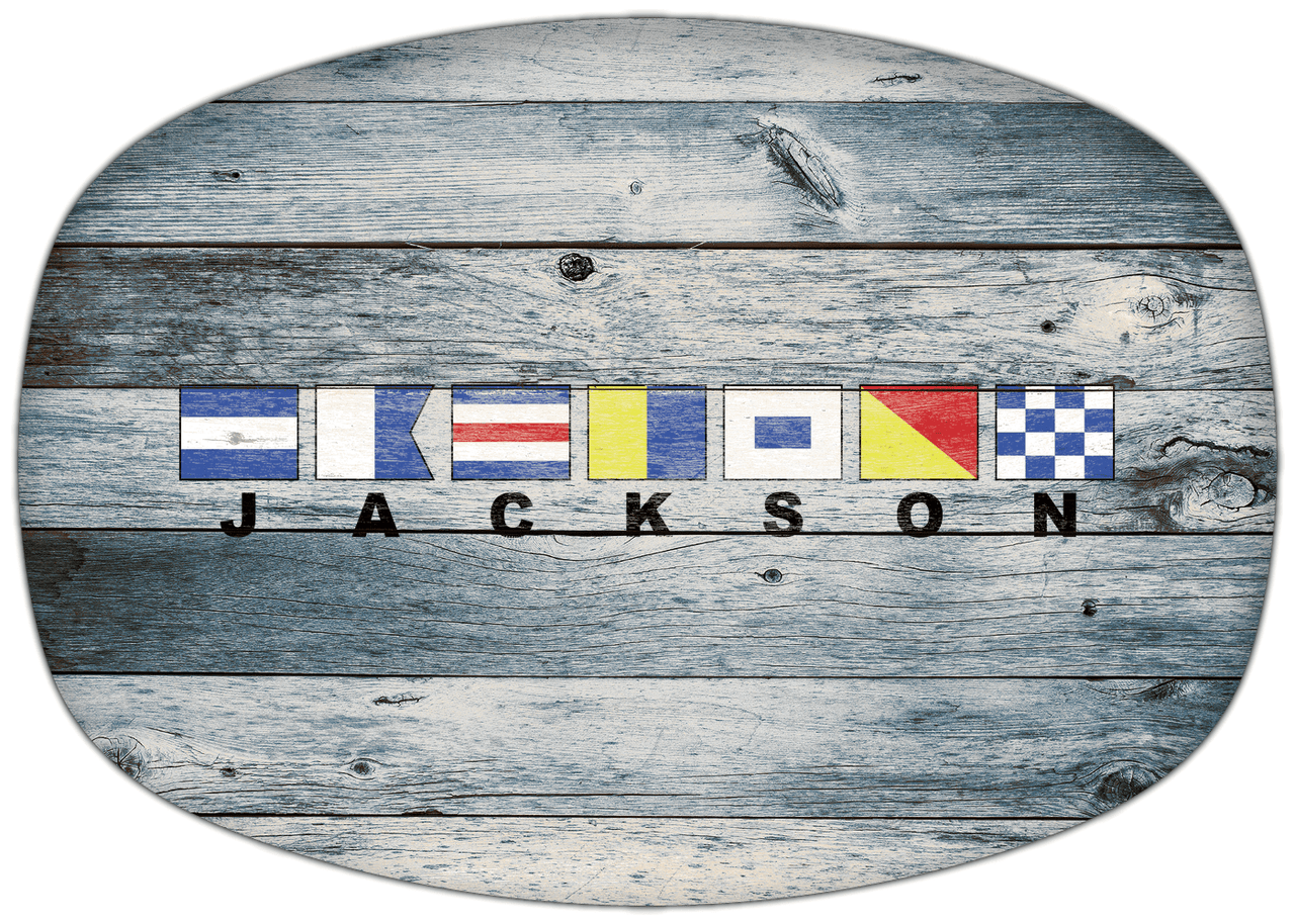 Personalized Faux Wood Grain Plastic Platter - Nautical Flags - Bluewash Wood - Flags with Large Letters - Front View