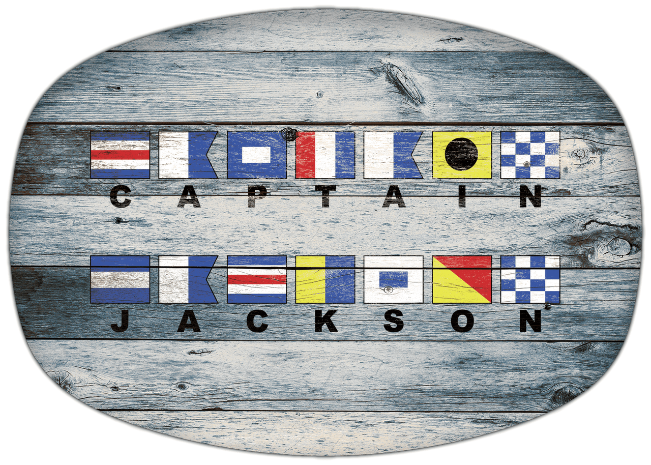 Personalized Faux Wood Grain Plastic Platter - Nautical Flags - Bluewash Wood - Flags with Large Letters - Multi-Line - Front View