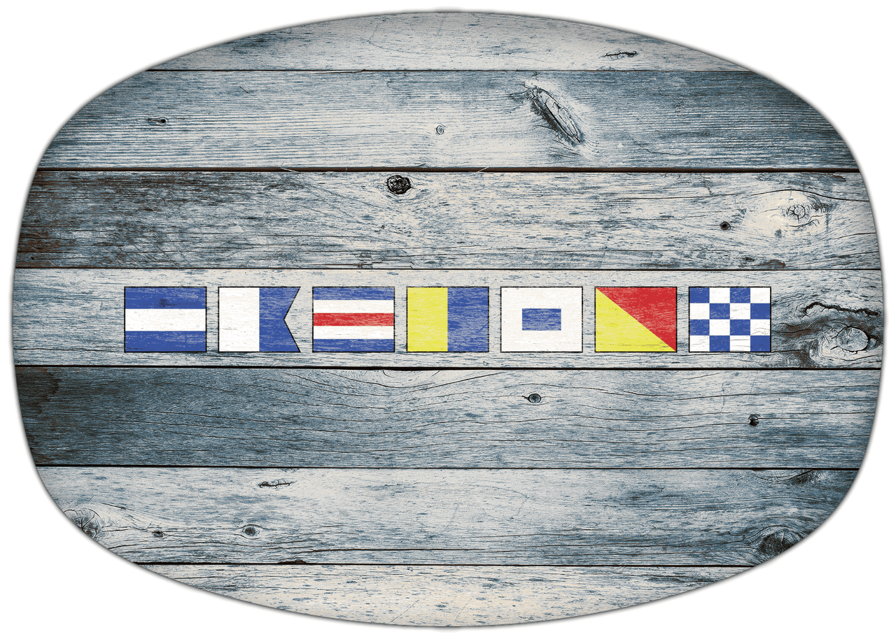 Personalized Faux Wood Grain Plastic Platter - Nautical Flags - Bluewash Wood - Flags without Letters - Front View
