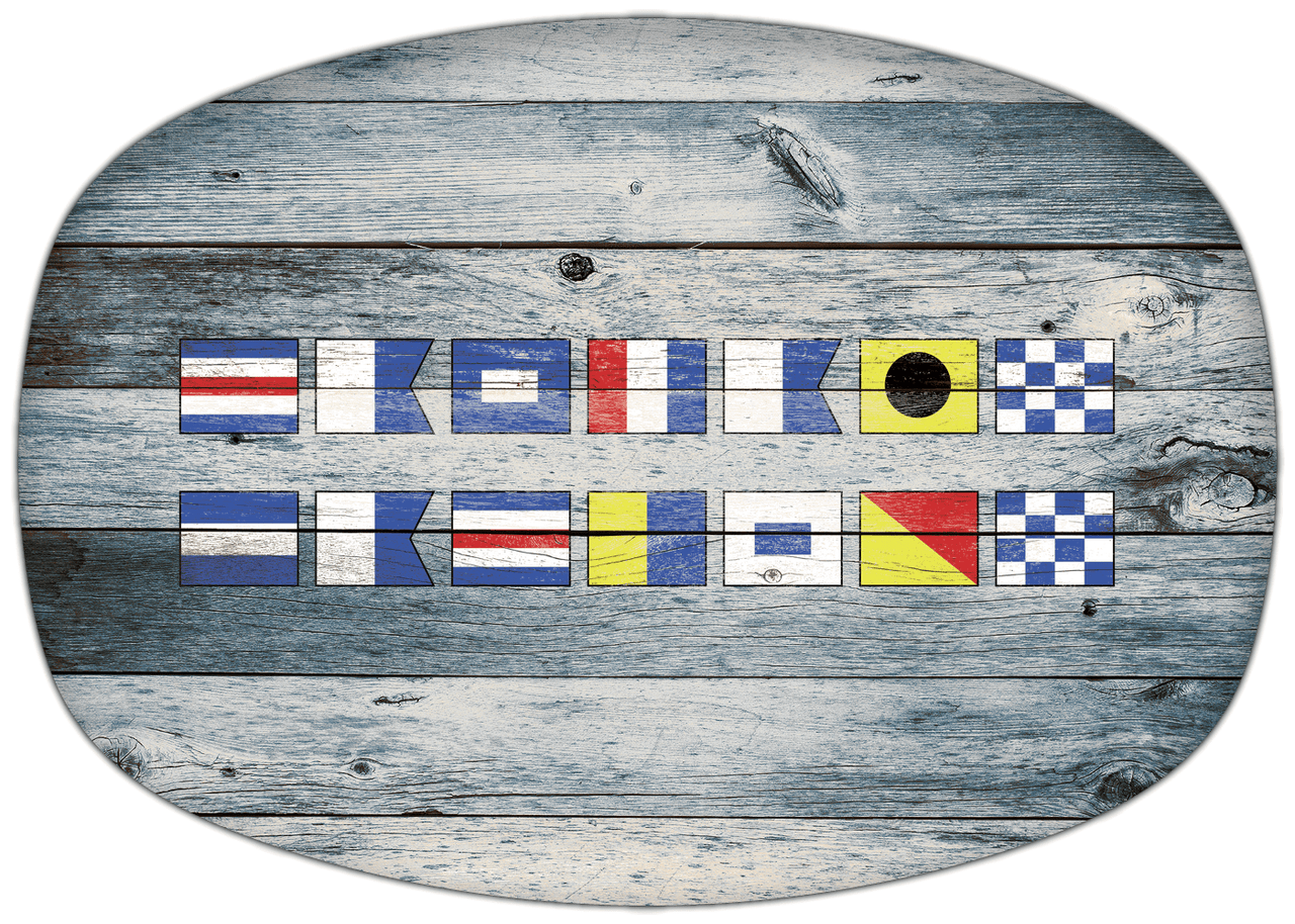 Personalized Faux Wood Grain Plastic Platter - Nautical Flags - Bluewash Wood - Flags without Letters - Multi-Line - Front View