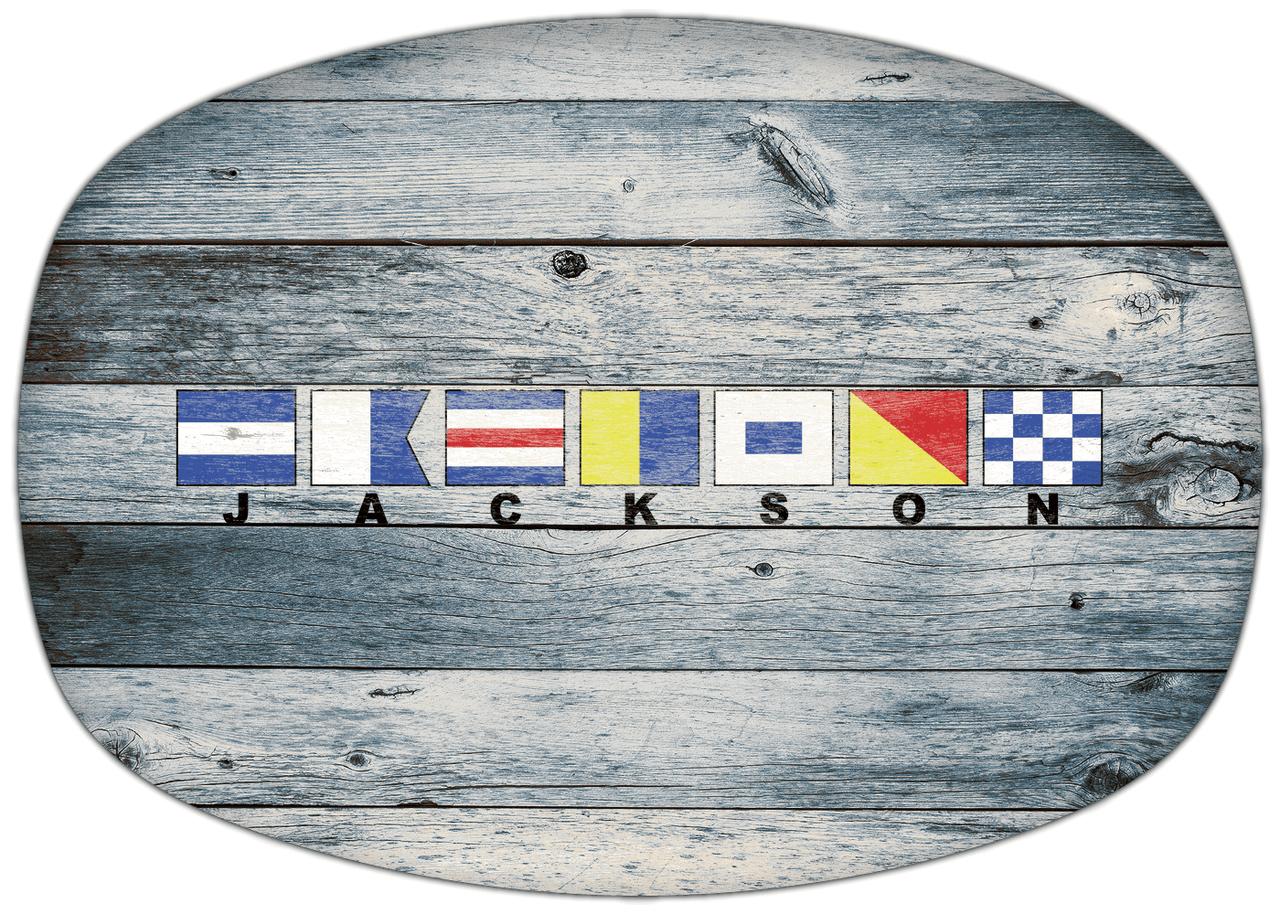 Personalized Faux Wood Grain Plastic Platter - Nautical Flags - Bluewash Wood - Flags with Small Letters - Front View