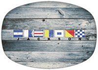 Thumbnail for Personalized Faux Wood Grain Plastic Platter - Nautical Flags - Bluewash Wood - Flags with Small Letters - Front View