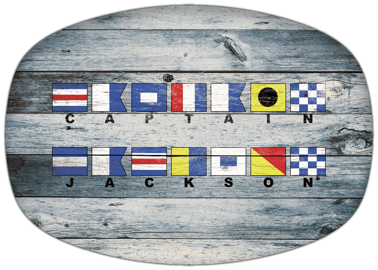 Personalized Faux Wood Grain Plastic Platter - Nautical Flags - Bluewash Wood - Flags with Small Letters - Multi-Line - Front View