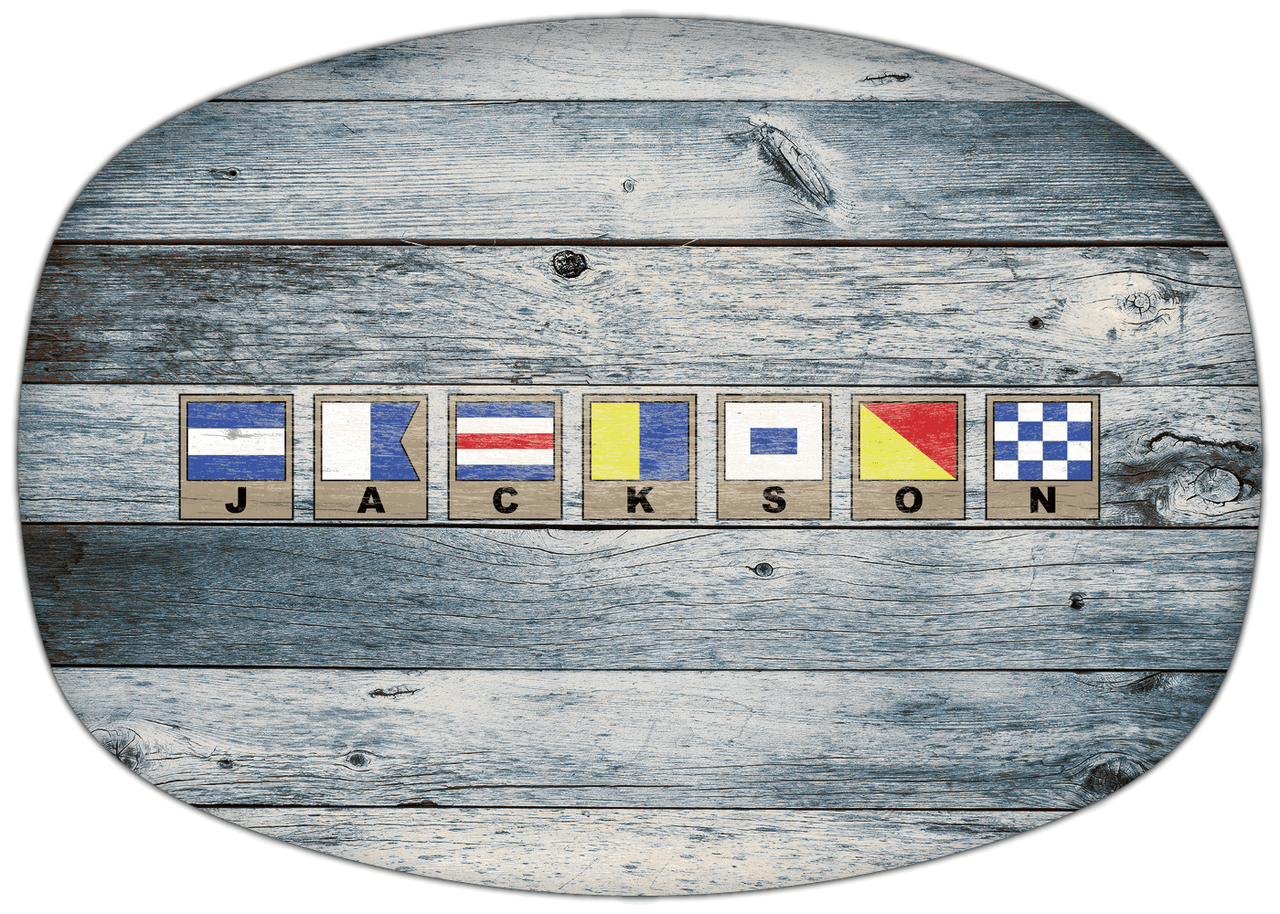 Personalized Faux Wood Grain Plastic Platter - Nautical Flags - Bluewash Wood - Flags with Light Brown Frames - Front View