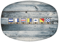 Thumbnail for Personalized Faux Wood Grain Plastic Platter - Nautical Flags - Bluewash Wood - Flags with Light Brown Frames - Front View