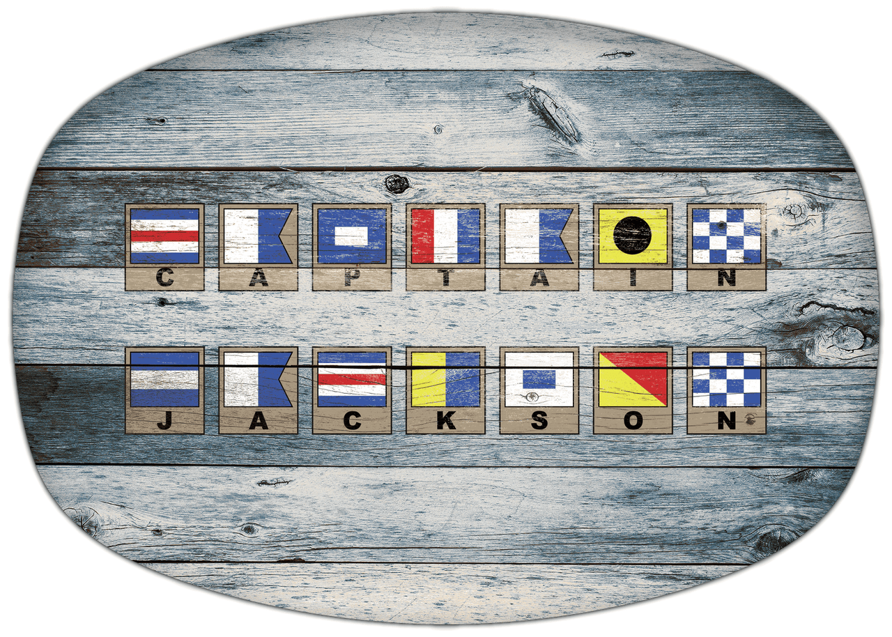 Personalized Faux Wood Grain Plastic Platter - Nautical Flags - Bluewash Wood - Flags with Light Brown Frames - Multi-Line - Front View