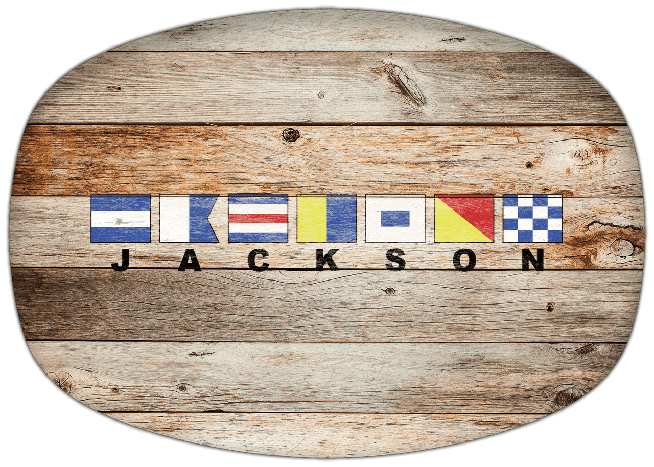Personalized Faux Wood Grain Plastic Platter - Nautical Flags - Natural Wood - Flags with Large Letters - Front View