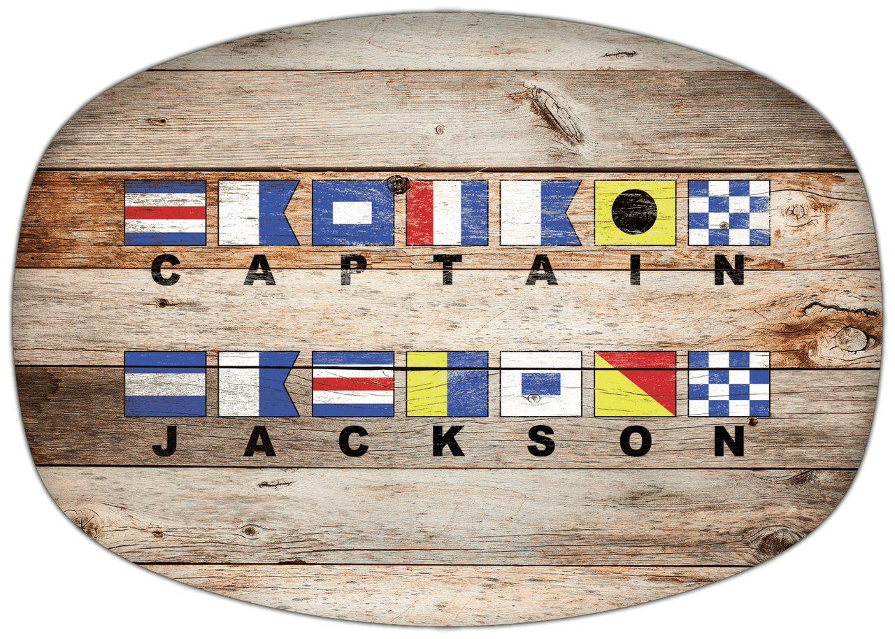 Personalized Faux Wood Grain Plastic Platter - Nautical Flags - Natural Wood - Flags with Large Letters - Multi-Line - Front View