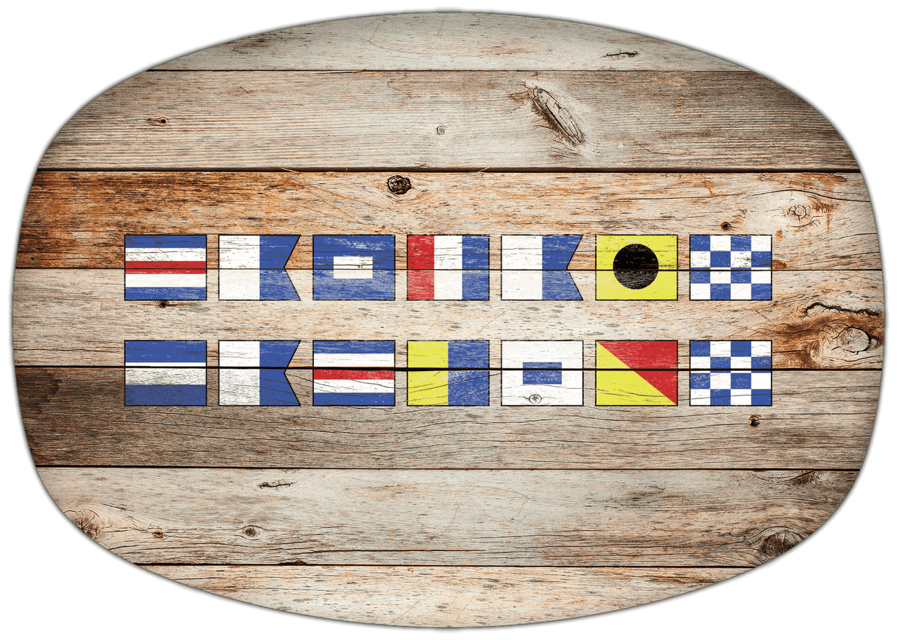 Personalized Faux Wood Grain Plastic Platter - Nautical Flags - Natural Wood - Flags without Letters - Multi-Line - Front View