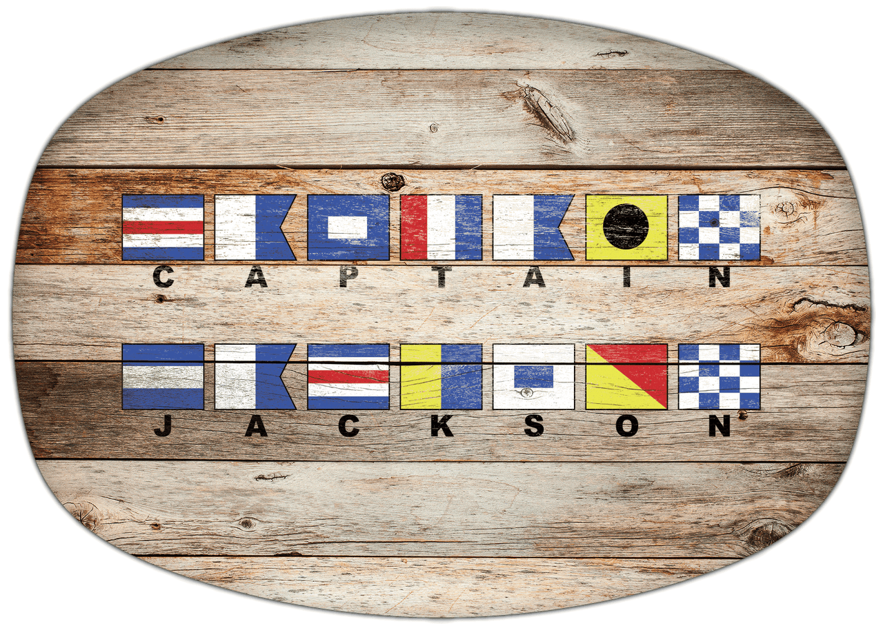 Personalized Faux Wood Grain Plastic Platter - Nautical Flags - Natural Wood - Flags with Small Letters - Multi-Line - Front View