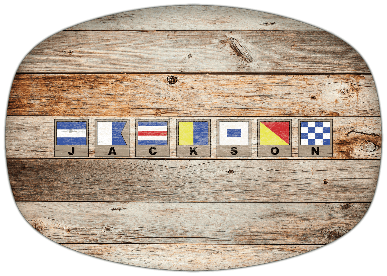 Personalized Faux Wood Grain Plastic Platter - Nautical Flags - Natural Wood - Flags with Light Brown Frames - Front View