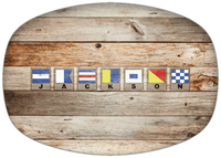 Thumbnail for Personalized Faux Wood Grain Plastic Platter - Nautical Flags - Natural Wood - Flags with Light Brown Frames - Front View