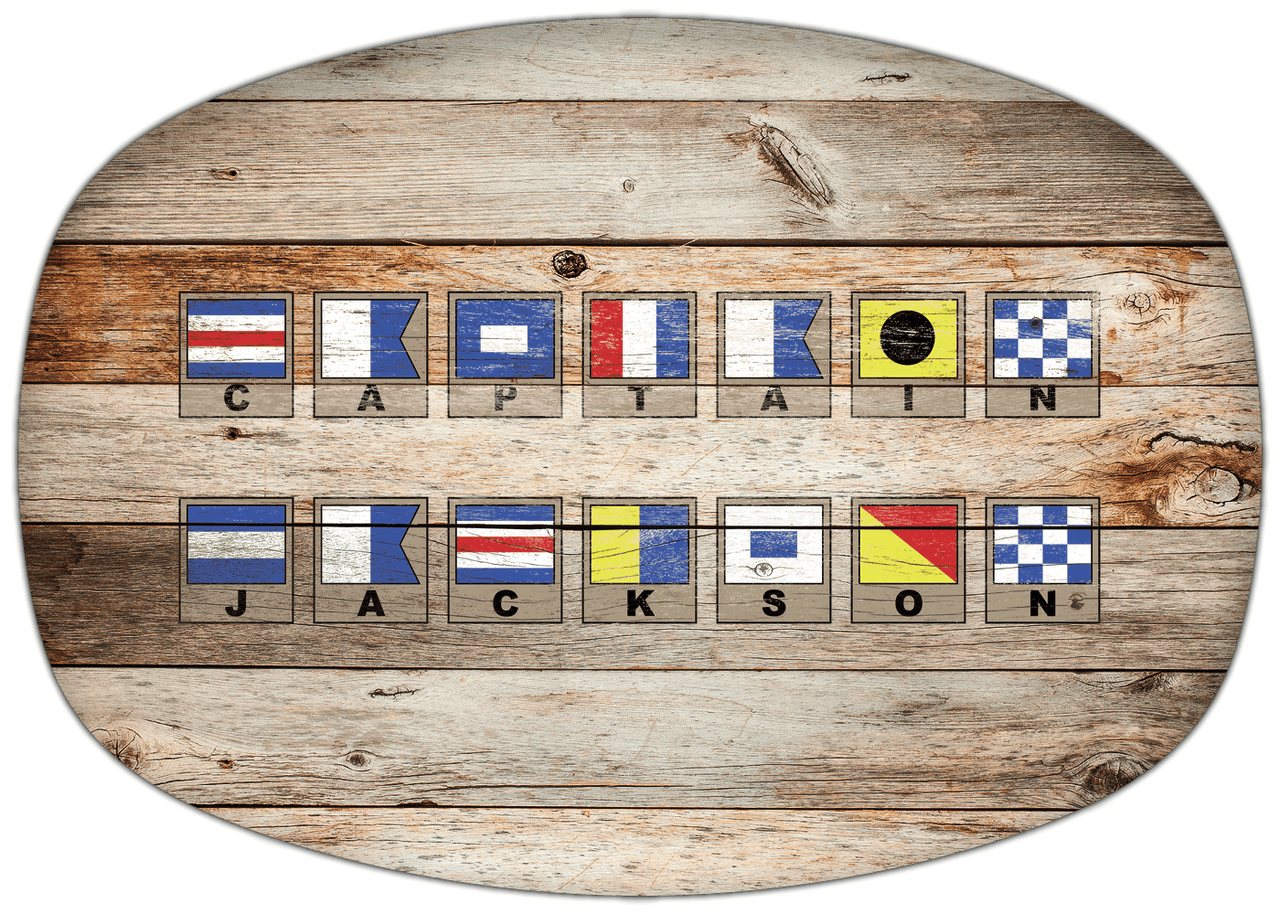 Personalized Faux Wood Grain Plastic Platter - Nautical Flags - Natural Wood - Flags with Light Brown Frames - Multi-Line - Front View