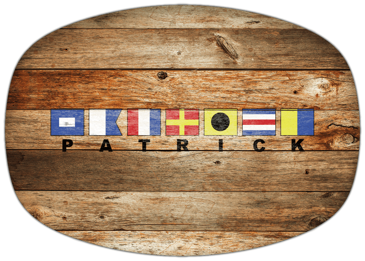 Personalized Faux Wood Grain Plastic Platter - Nautical Flags - Antique Oak - Flags with Large Letters - Front View