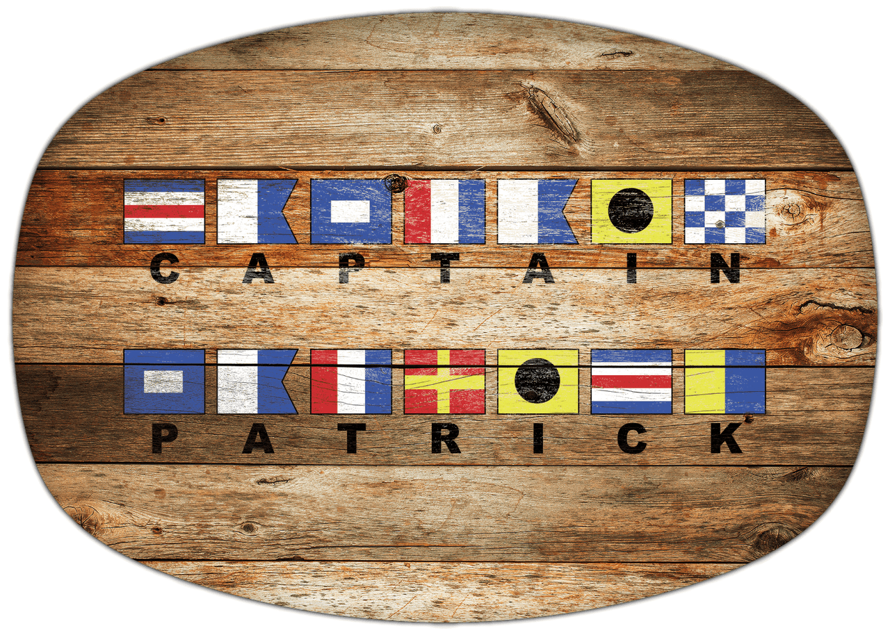 Personalized Faux Wood Grain Plastic Platter - Nautical Flags - Antique Oak - Flags with Large Letters - Multi-Line - Front View
