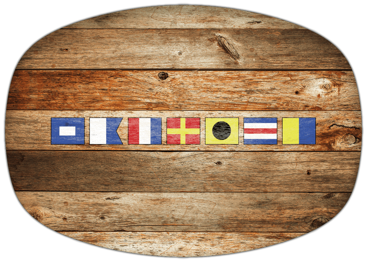 Personalized Faux Wood Grain Plastic Platter - Nautical Flags - Antique Oak - Flags without Letters - Front View
