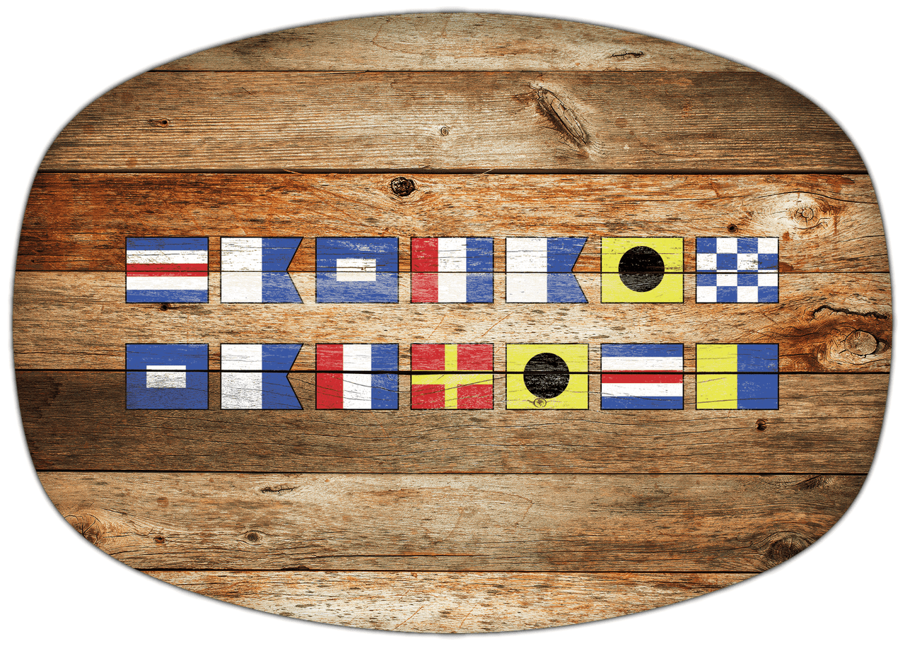 Personalized Faux Wood Grain Plastic Platter - Nautical Flags - Antique Oak - Flags without Letters - Multi-Line - Front View
