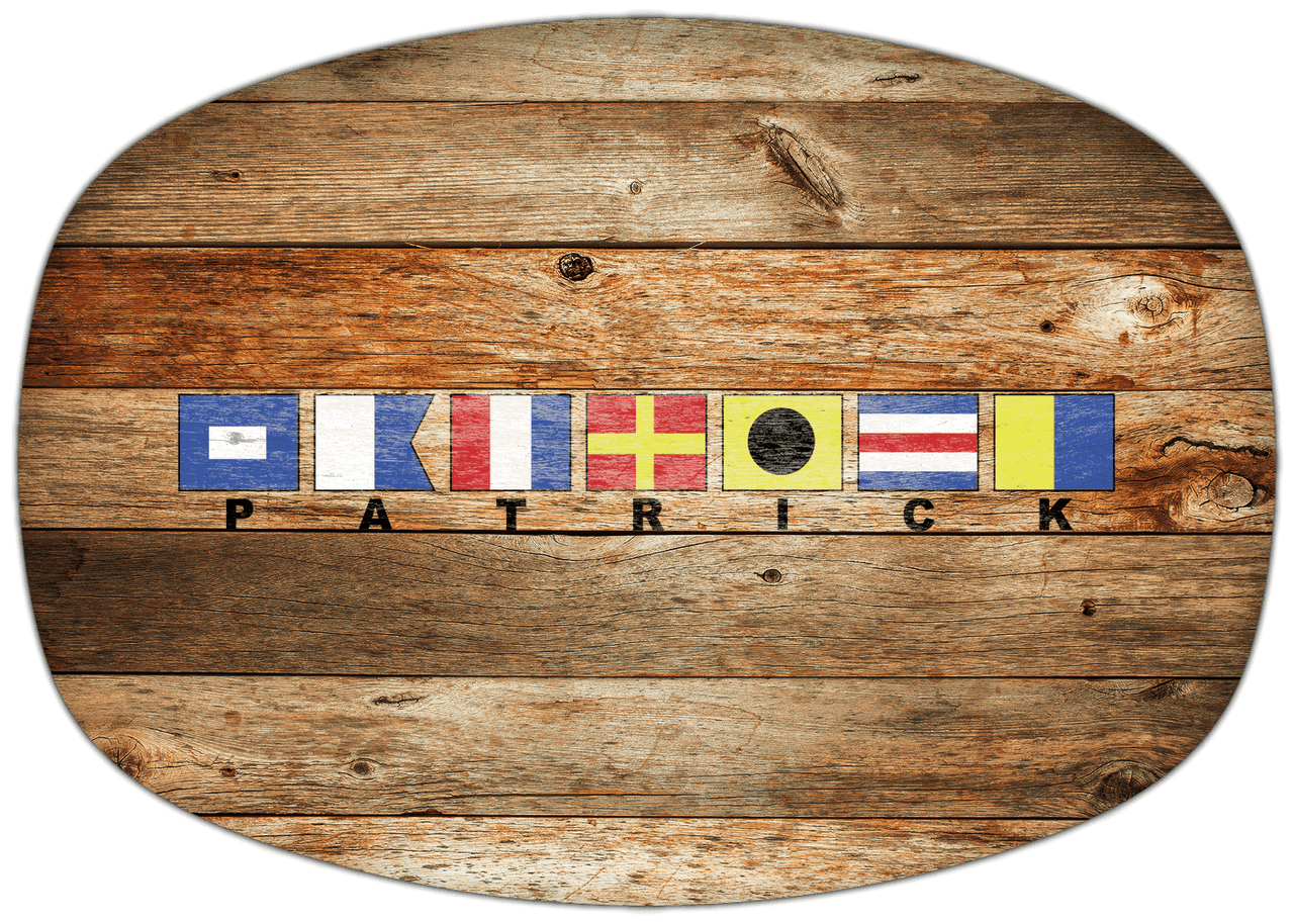 Personalized Faux Wood Grain Plastic Platter - Nautical Flags - Antique Oak - Flags with Small Letters - Front View
