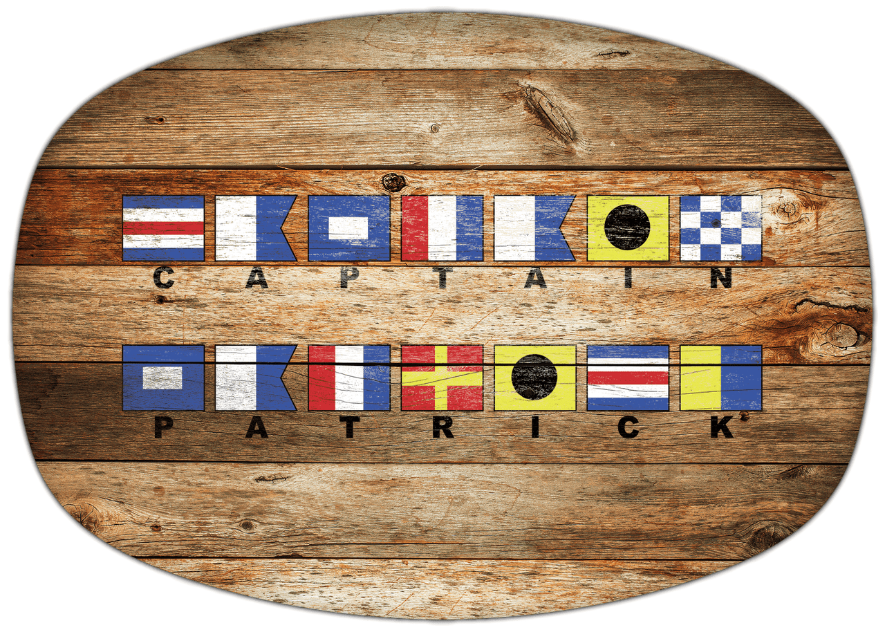 Personalized Faux Wood Grain Plastic Platter - Nautical Flags - Antique Oak - Flags with Small Letters - Multi-Line - Front View