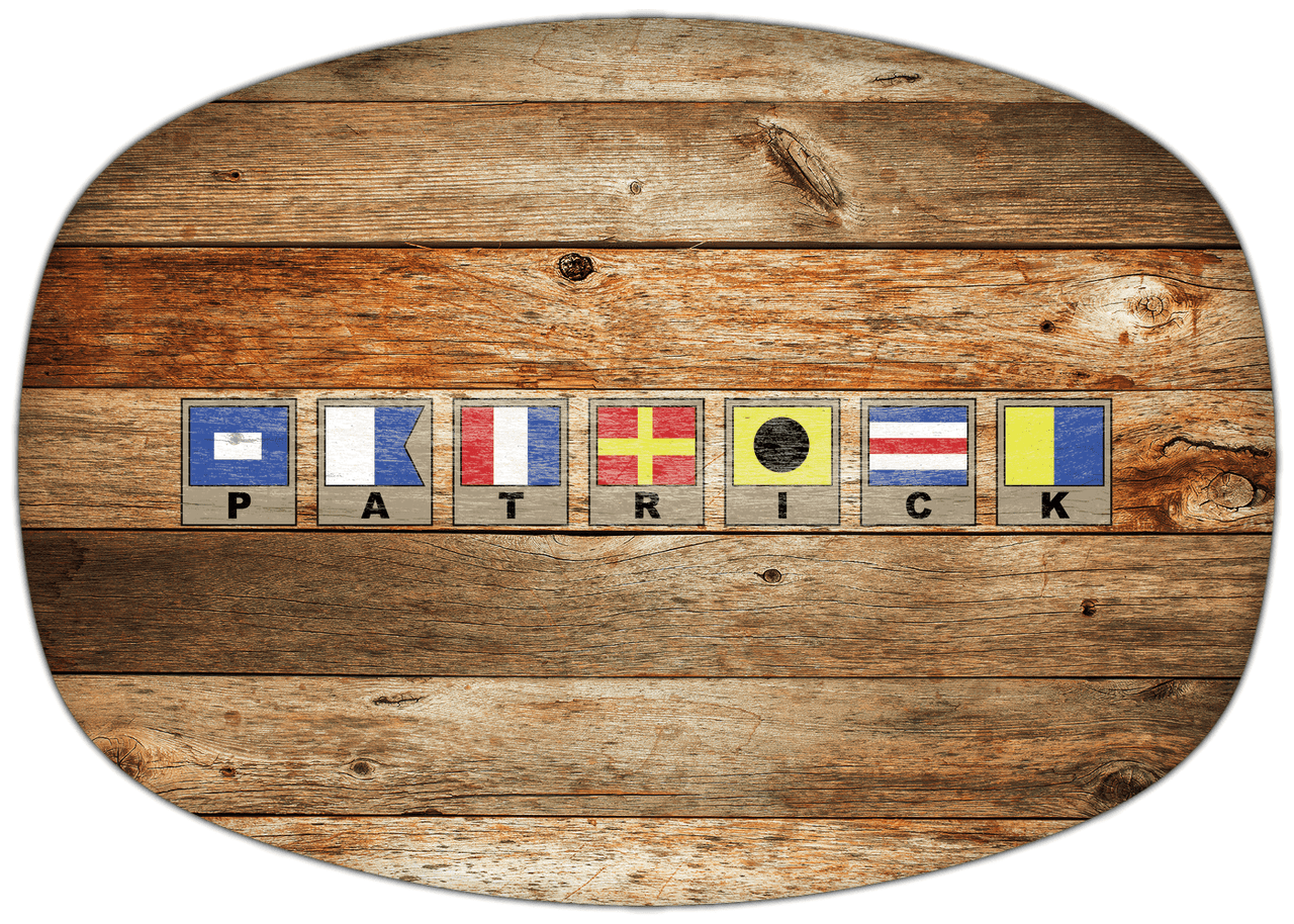Personalized Faux Wood Grain Plastic Platter - Nautical Flags - Antique Oak - Flags with Light Brown Frames - Front View