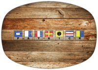 Thumbnail for Personalized Faux Wood Grain Plastic Platter - Nautical Flags - Antique Oak - Flags with Light Brown Frames - Front View