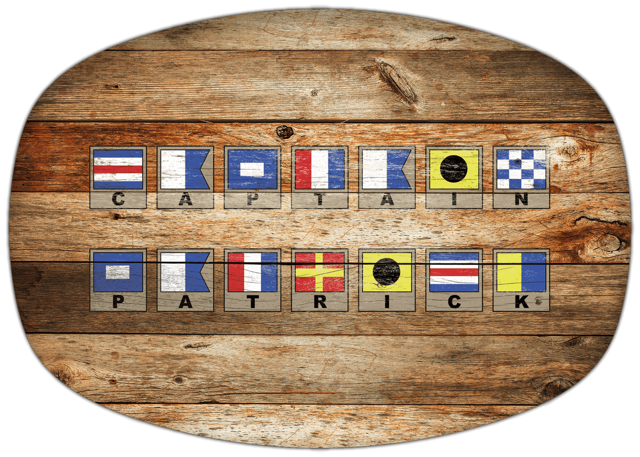 Personalized Faux Wood Grain Plastic Platter - Nautical Flags - Antique Oak - Flags with Light Brown Frames - Multi-Line - Front View
