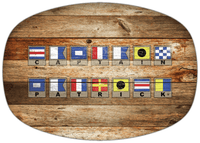 Thumbnail for Personalized Faux Wood Grain Plastic Platter - Nautical Flags - Antique Oak - Flags with Light Brown Frames - Multi-Line - Front View