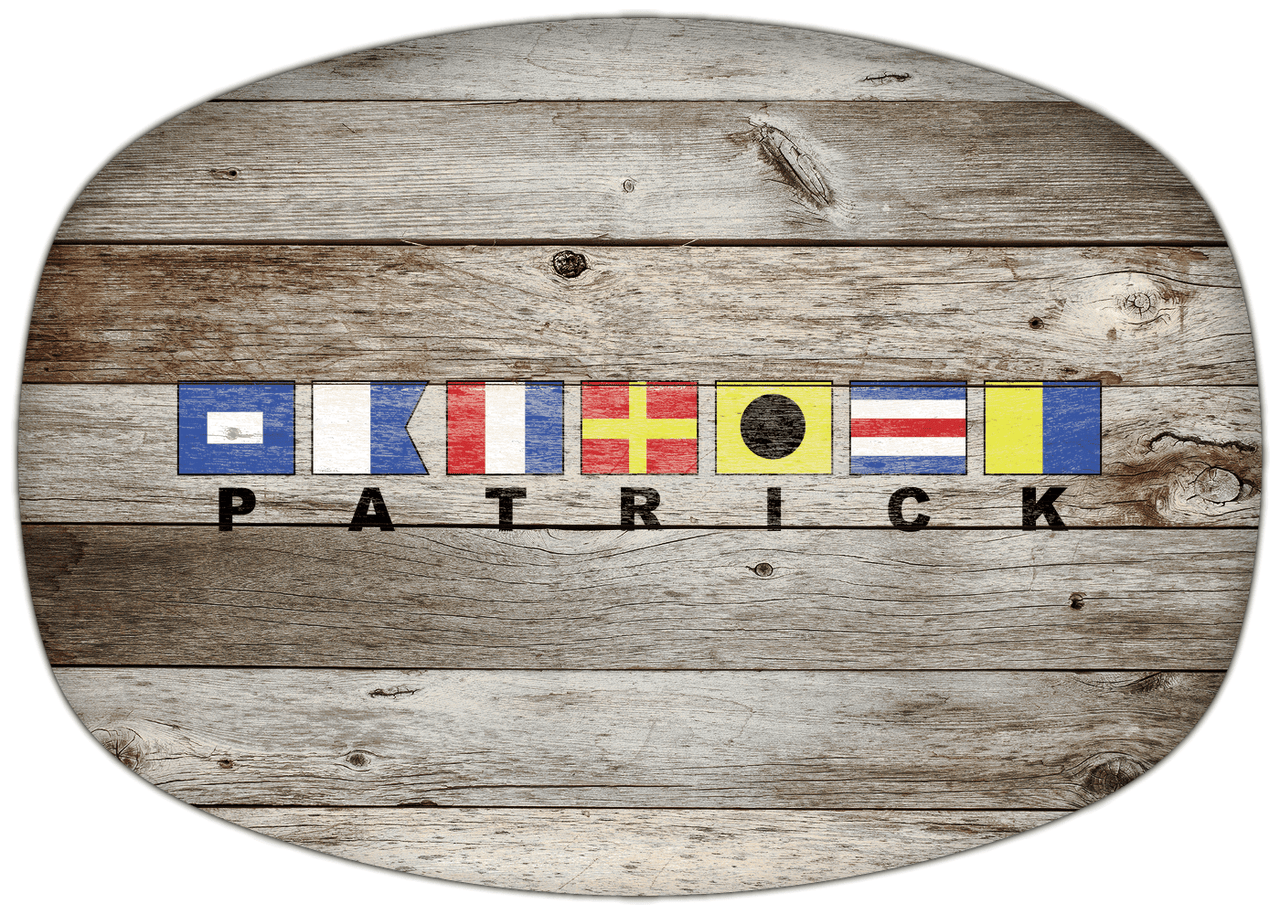 Personalized Faux Wood Grain Plastic Platter - Nautical Flags - Old Grey - Flags with Large Letters - Front View