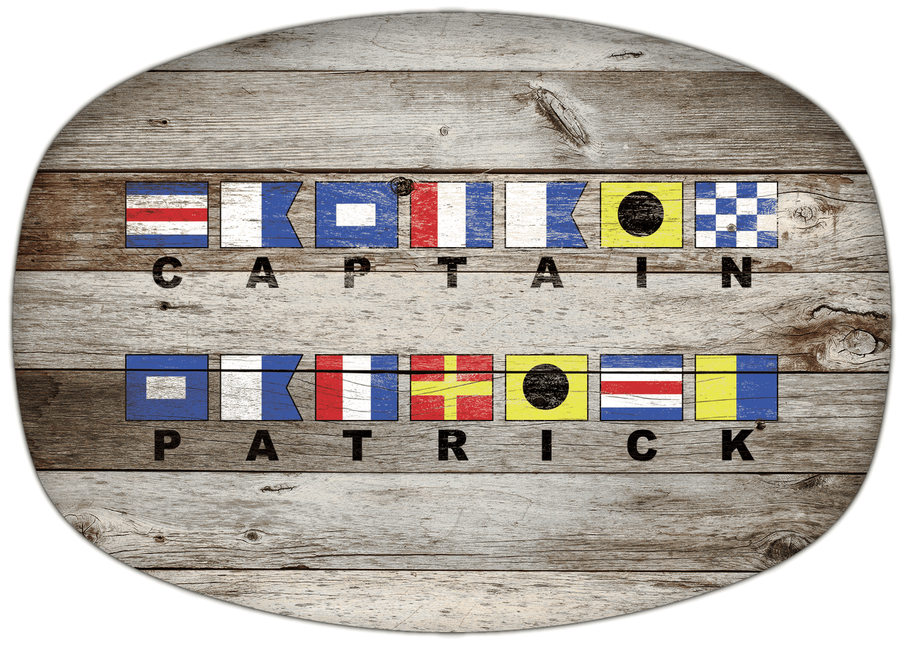 Personalized Faux Wood Grain Plastic Platter - Nautical Flags - Old Grey - Flags with Large Letters - Multi-Line - Front View