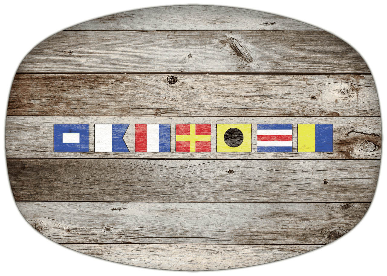 Personalized Faux Wood Grain Plastic Platter - Nautical Flags - Old Grey - Flags without Letters - Front View