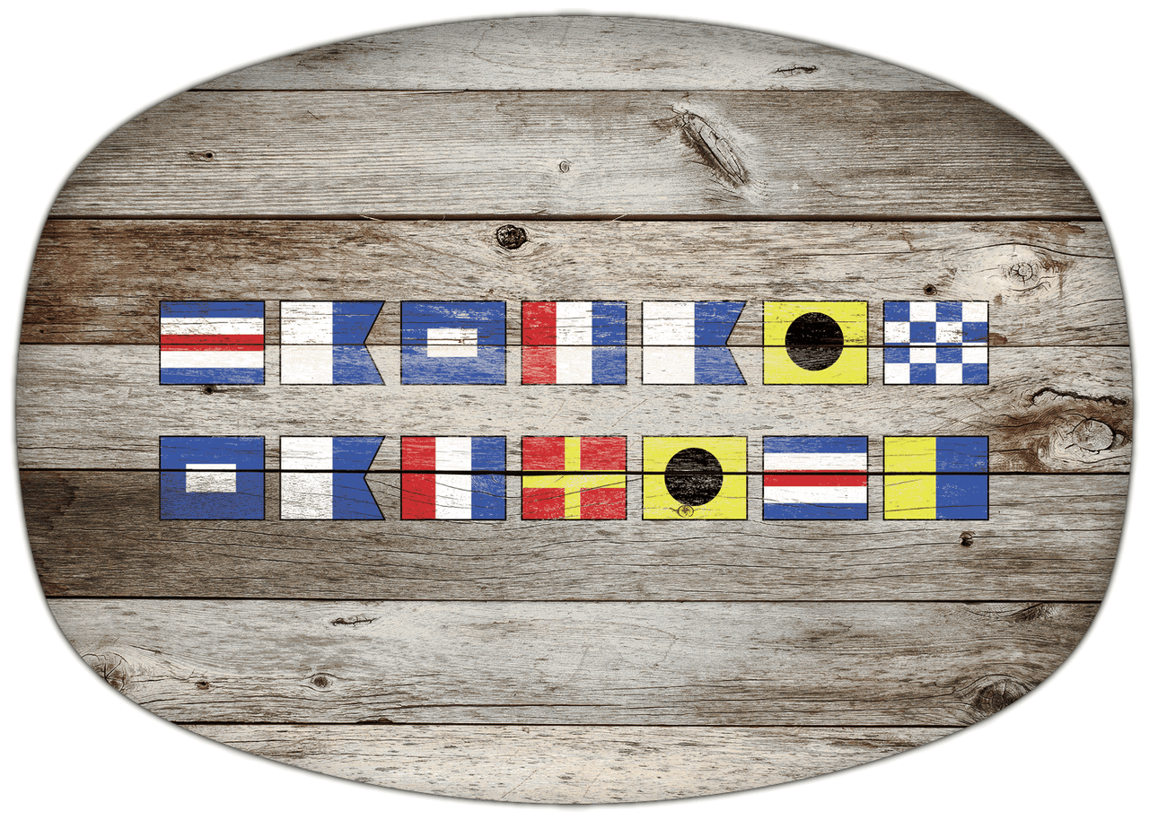 Personalized Faux Wood Grain Plastic Platter - Nautical Flags - Old Grey - Flags without Letters - Multi-Line - Front View