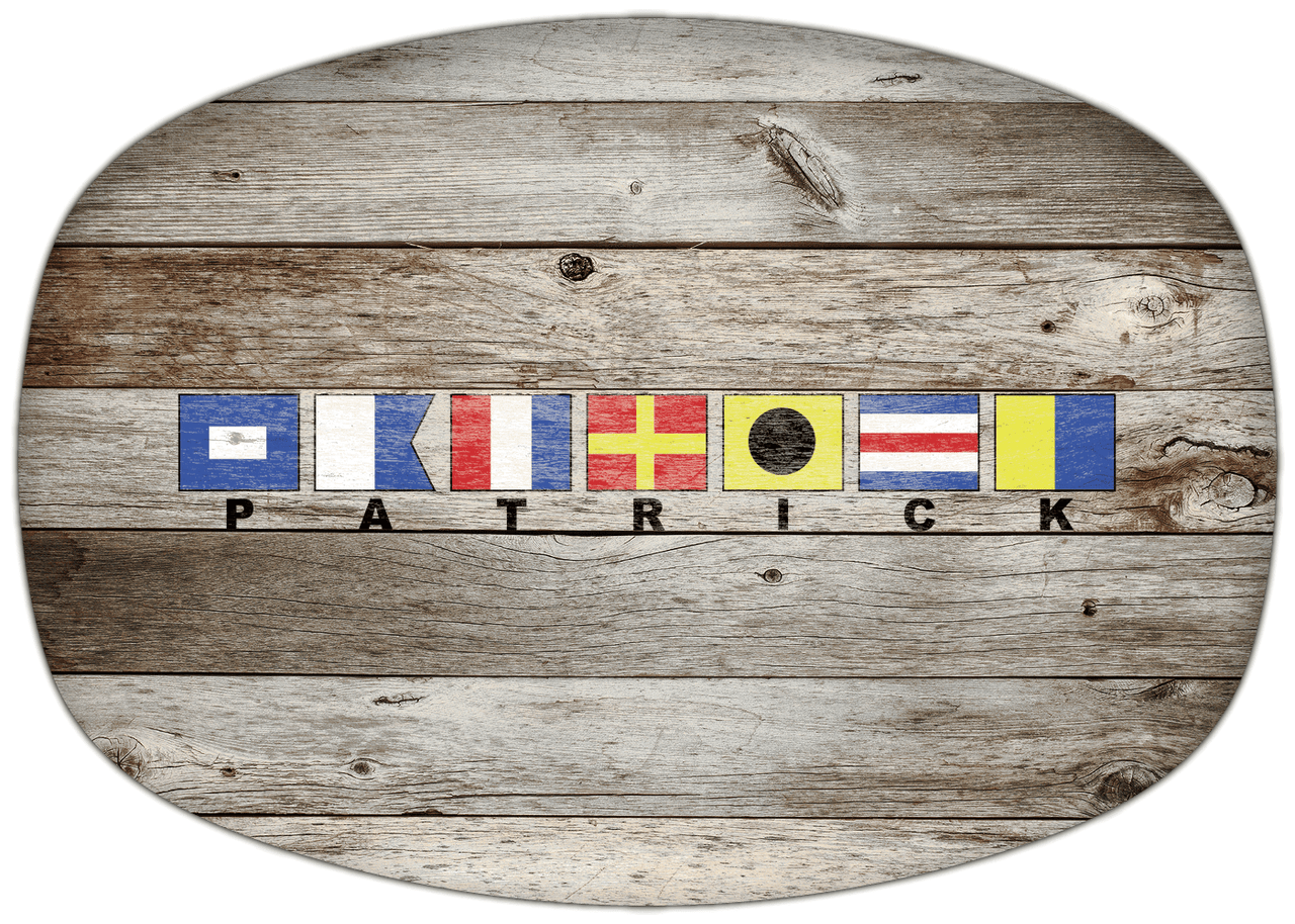 Personalized Faux Wood Grain Plastic Platter - Nautical Flags - Old Grey - Flags with Small Letters - Front View