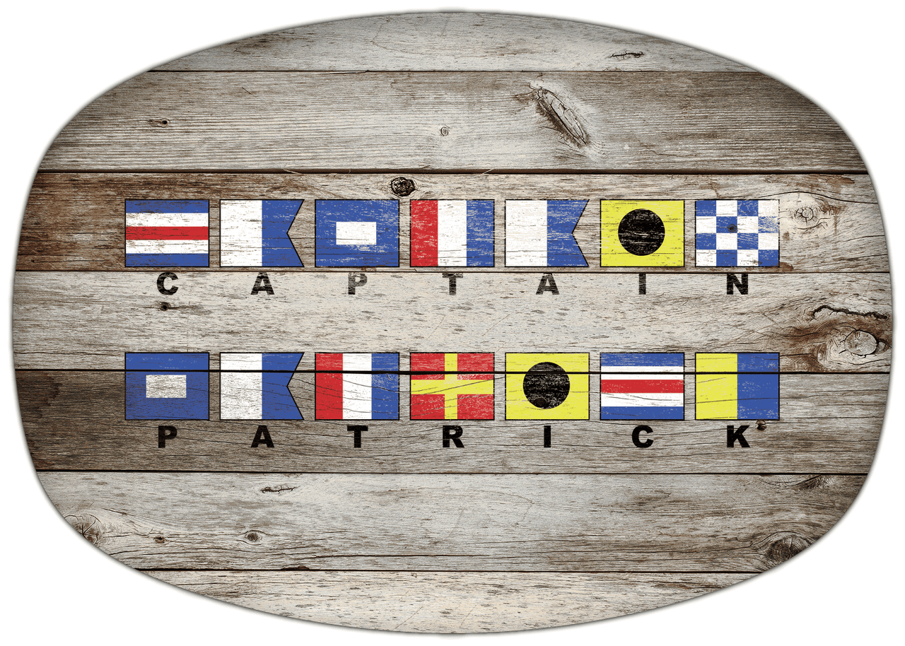 Personalized Faux Wood Grain Plastic Platter - Nautical Flags - Old Grey - Flags with Small Letters - Multi-Line - Front View