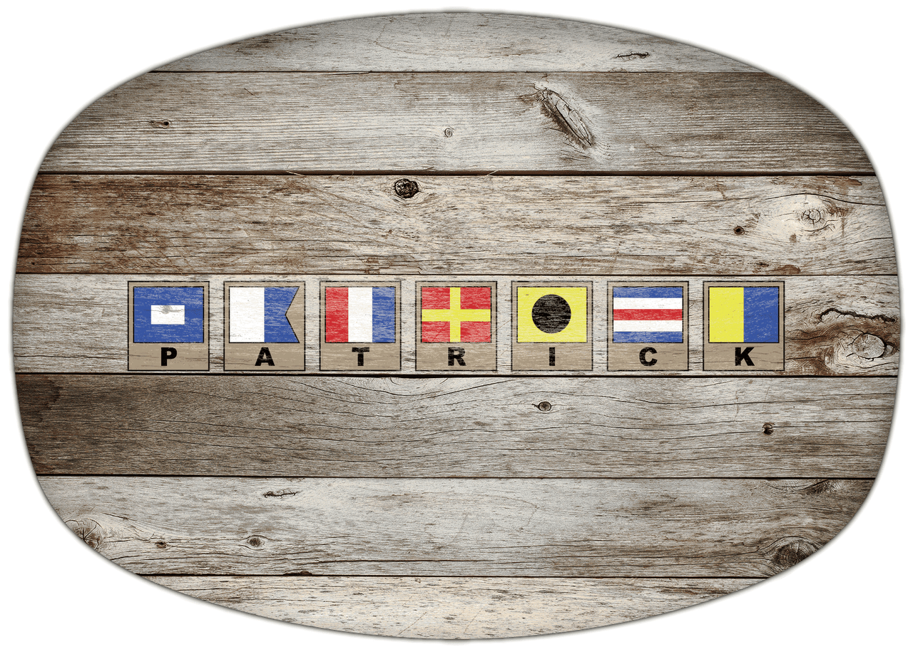 Personalized Faux Wood Grain Plastic Platter - Nautical Flags - Old Grey - Flags with Light Brown Frames - Front View