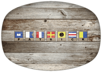 Thumbnail for Personalized Faux Wood Grain Plastic Platter - Nautical Flags - Old Grey - Flags with Light Brown Frames - Front View