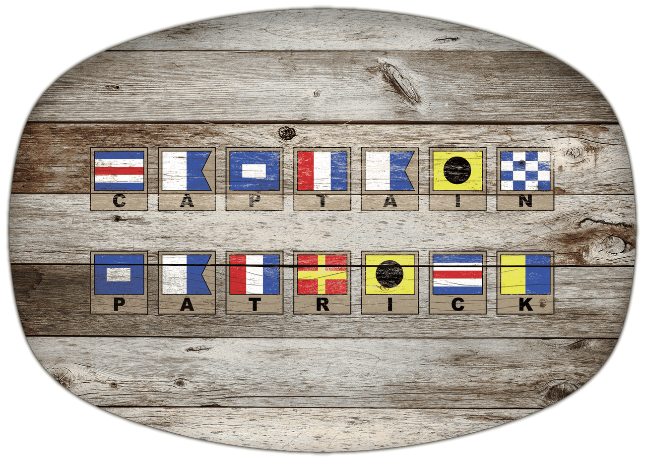 Personalized Faux Wood Grain Plastic Platter - Nautical Flags - Old Grey - Flags with Light Brown Frames - Multi-Line - Front View