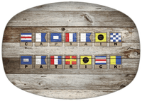 Thumbnail for Personalized Faux Wood Grain Plastic Platter - Nautical Flags - Old Grey - Flags with Light Brown Frames - Multi-Line - Front View