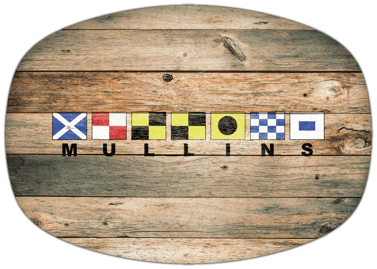 Personalized Faux Wood Grain Plastic Platter - Nautical Flags - Patina Wood - Flags with Large Letters - Front View