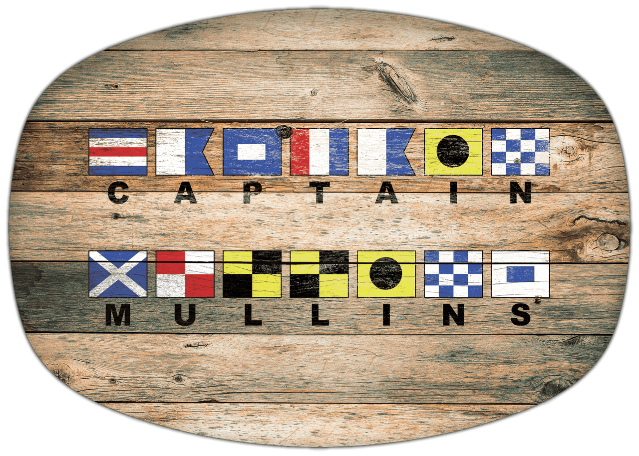 Personalized Faux Wood Grain Plastic Platter - Nautical Flags - Patina Wood - Flags with Large Letters - Multi-Line - Front View