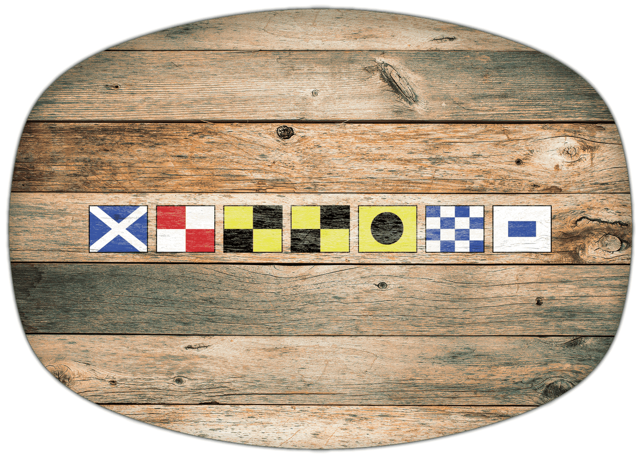 Personalized Faux Wood Grain Plastic Platter - Nautical Flags - Patina Wood - Flags without Letters - Front View