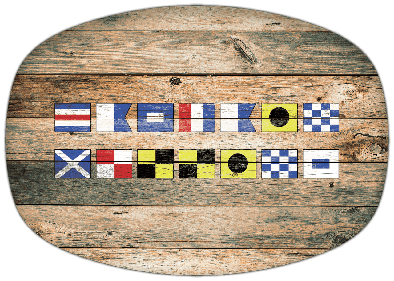 Personalized Faux Wood Grain Plastic Platter - Nautical Flags - Patina Wood - Flags without Letters - Multi-Line - Front View