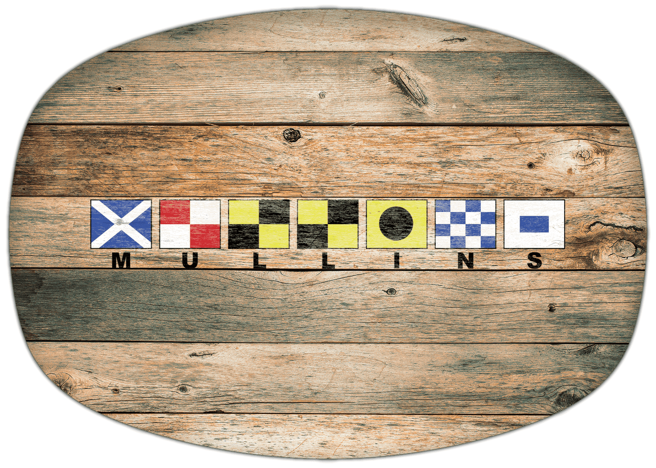 Personalized Faux Wood Grain Plastic Platter - Nautical Flags - Patina Wood - Flags with Small Letters - Front View