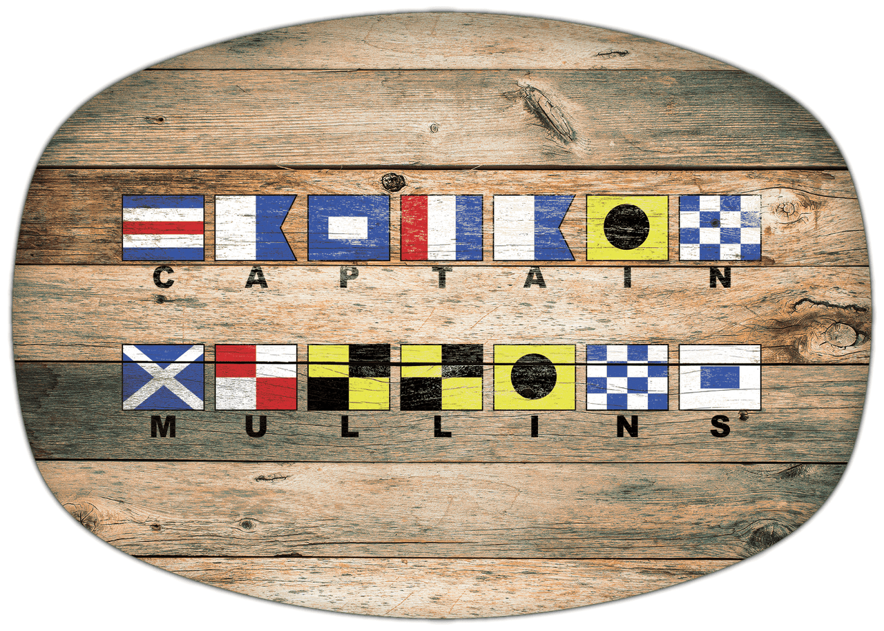 Personalized Faux Wood Grain Plastic Platter - Nautical Flags - Patina Wood - Flags with Small Letters - Multi-Line - Front View