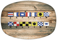 Thumbnail for Personalized Faux Wood Grain Plastic Platter - Nautical Flags - Patina Wood - Flags with Small Letters - Multi-Line - Front View