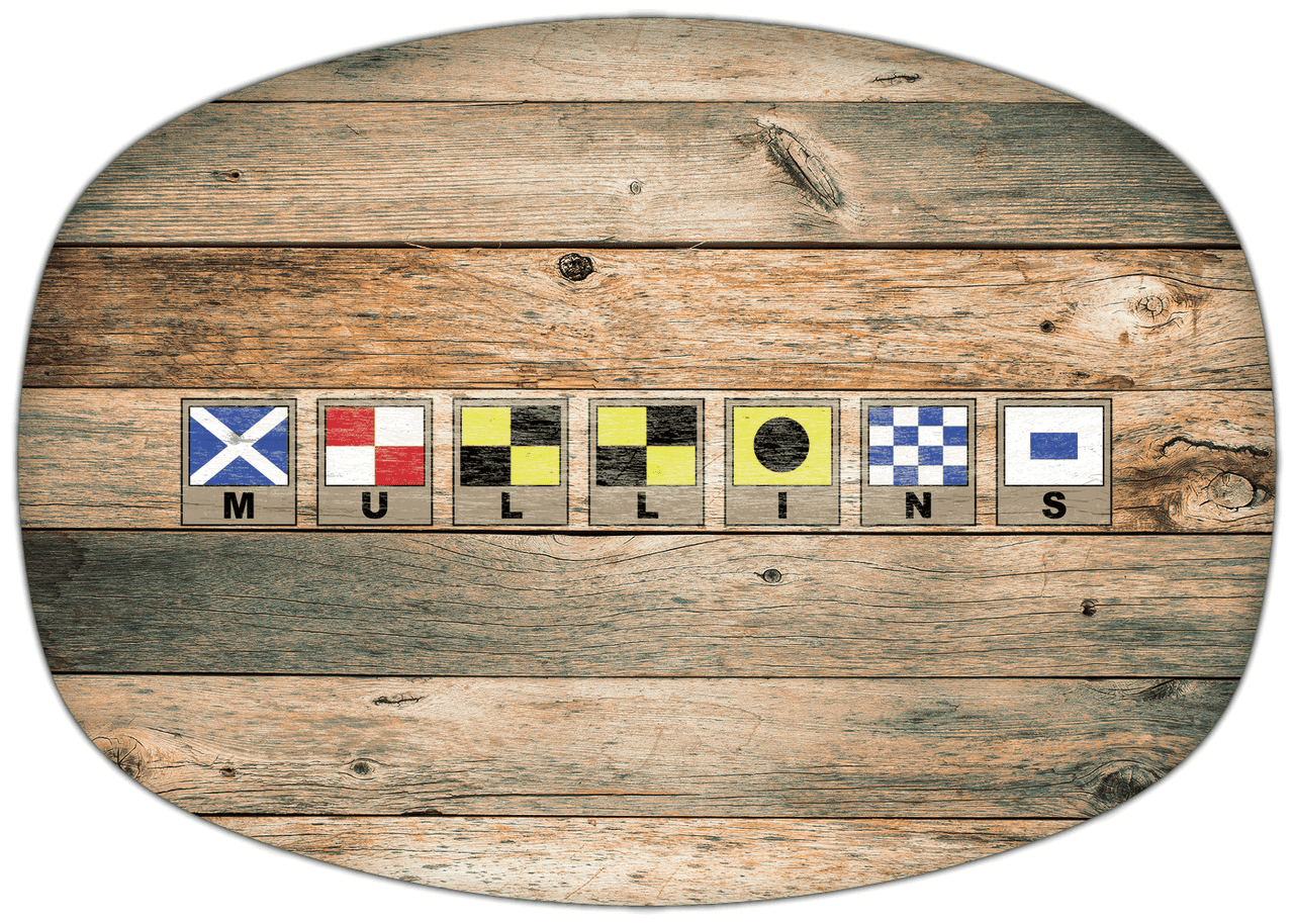 Personalized Faux Wood Grain Plastic Platter - Nautical Flags - Patina Wood - Flags with Light Brown Frames - Front View