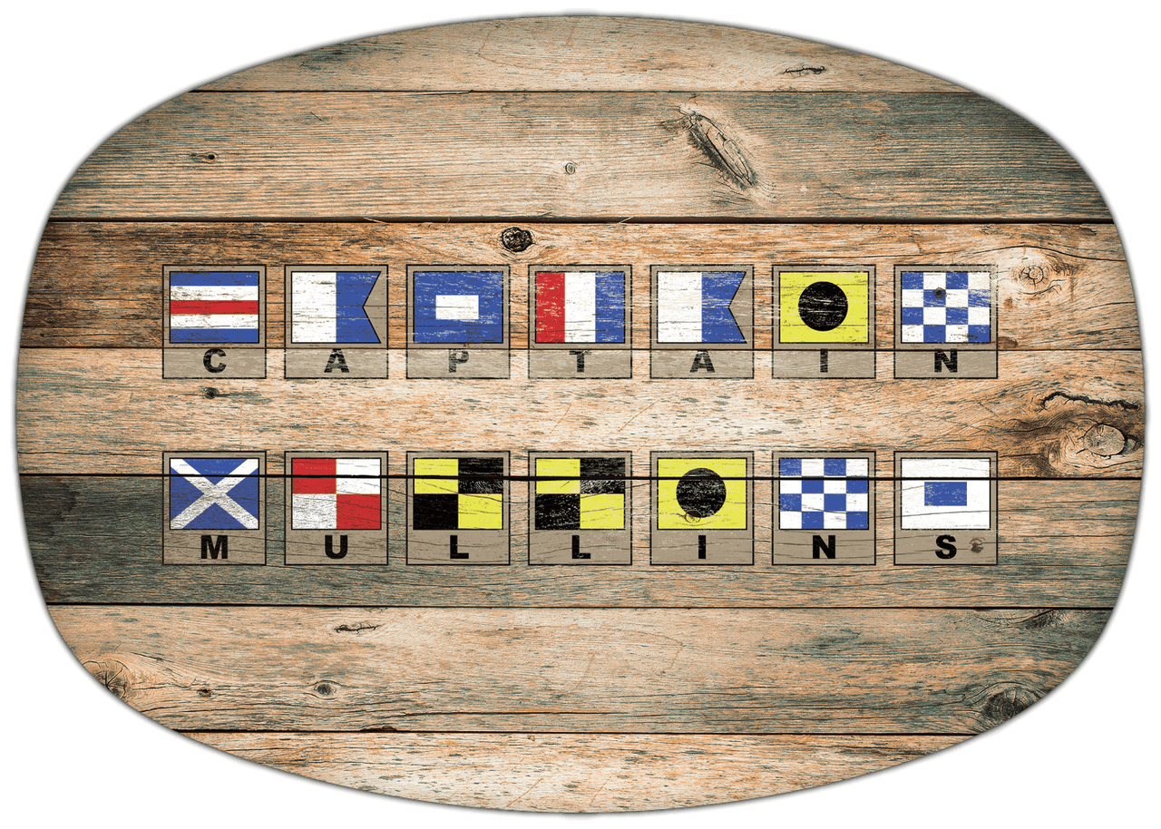 Personalized Faux Wood Grain Plastic Platter - Nautical Flags - Patina Wood - Flags with Light Brown Frames - Multi-Line - Front View