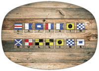 Thumbnail for Personalized Faux Wood Grain Plastic Platter - Nautical Flags - Patina Wood - Flags with Light Brown Frames - Multi-Line - Front View