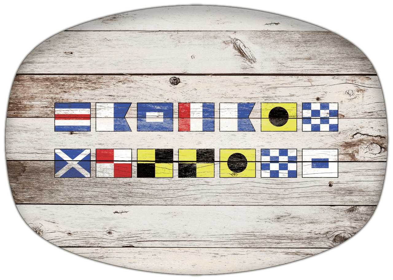 Personalized Faux Wood Grain Plastic Platter - Nautical Flags - Whitewash Wood - Flags without Letters - Multi-Line - Front View