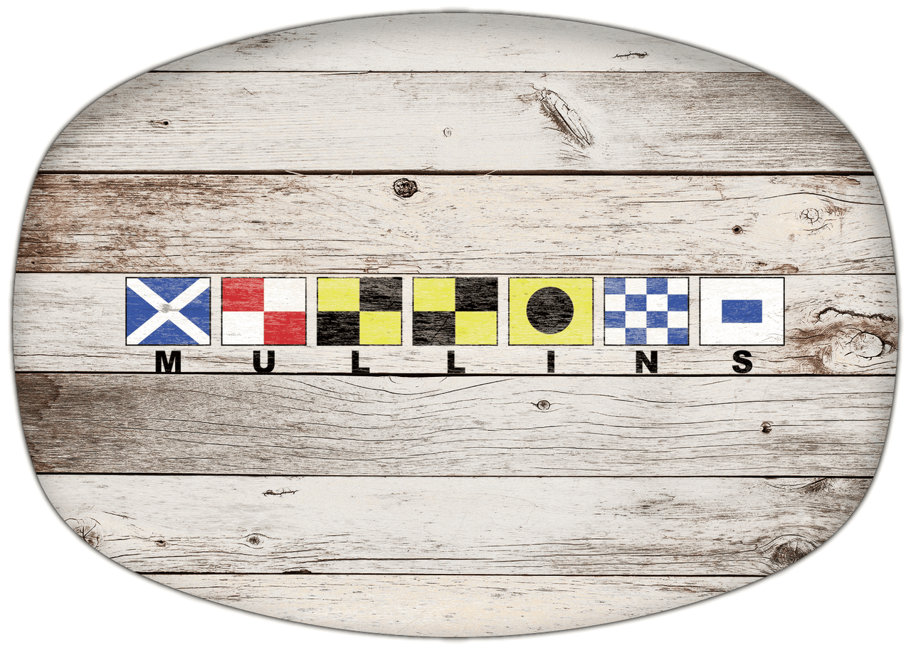 Personalized Faux Wood Grain Plastic Platter - Nautical Flags - Whitewash Wood - Flags with Small Letters - Front View
