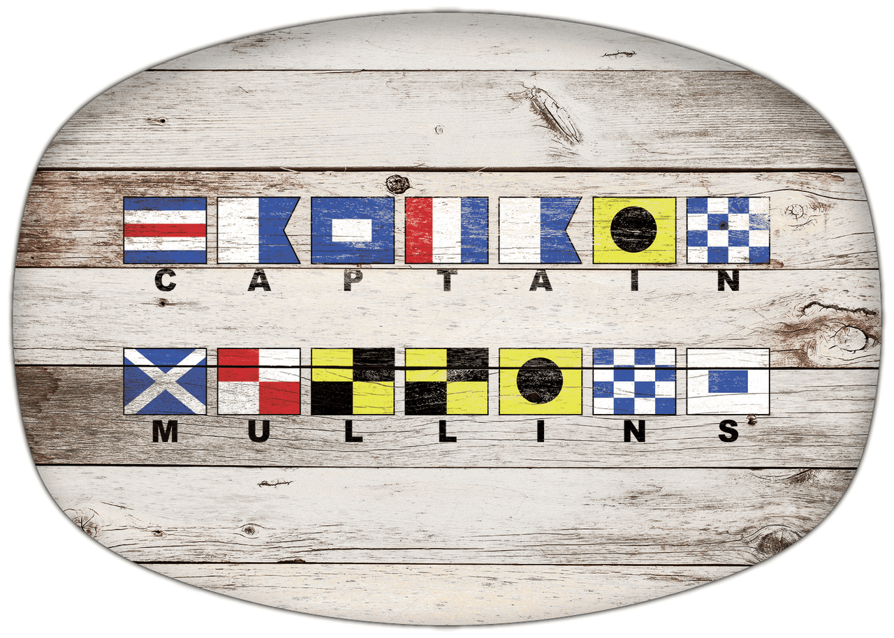 Personalized Faux Wood Grain Plastic Platter - Nautical Flags - Whitewash Wood - Flags with Small Letters - Multi-Line - Front View